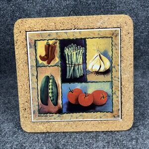 Pamela Luer Vegetable Ceramic Cork Frame Trivet 7.5"x7.5" Peppers Tomato Garlic